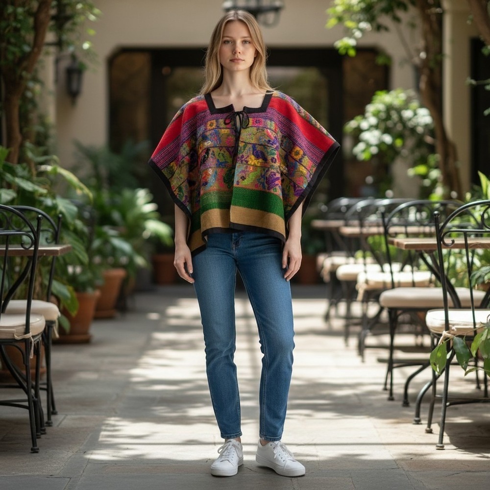Vtg Guatemalan Huipil Poncho Vest Cape Handwoven Cotton Embroidered Zip Front